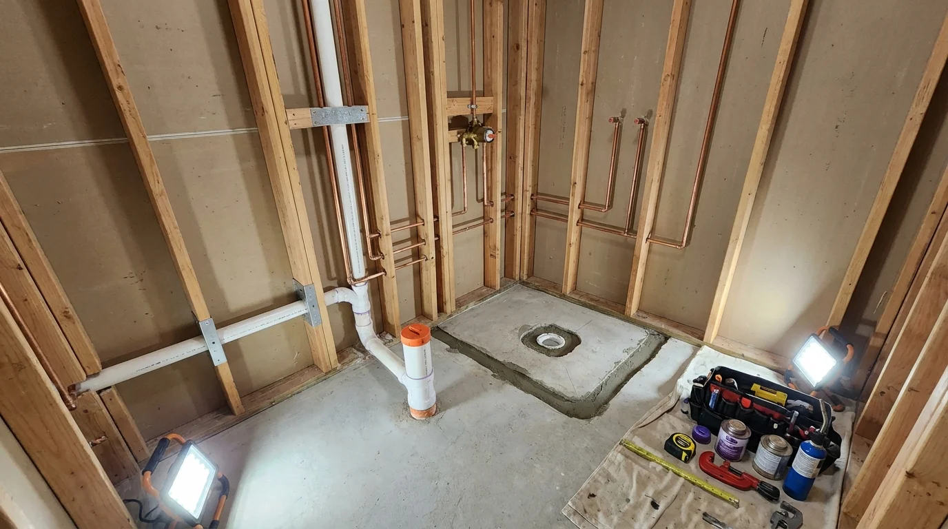 Bathroom rough-in plumbing during remodel by Johns Plumbing LLC in Clifton Forge