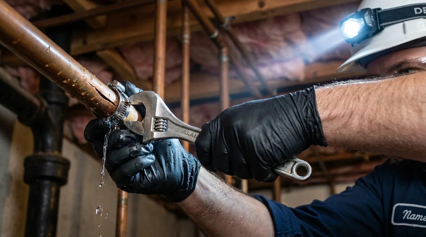 Emergency pipe clamp repair being performed by a Johns Plumbing LLC plumber in Clifton Forge