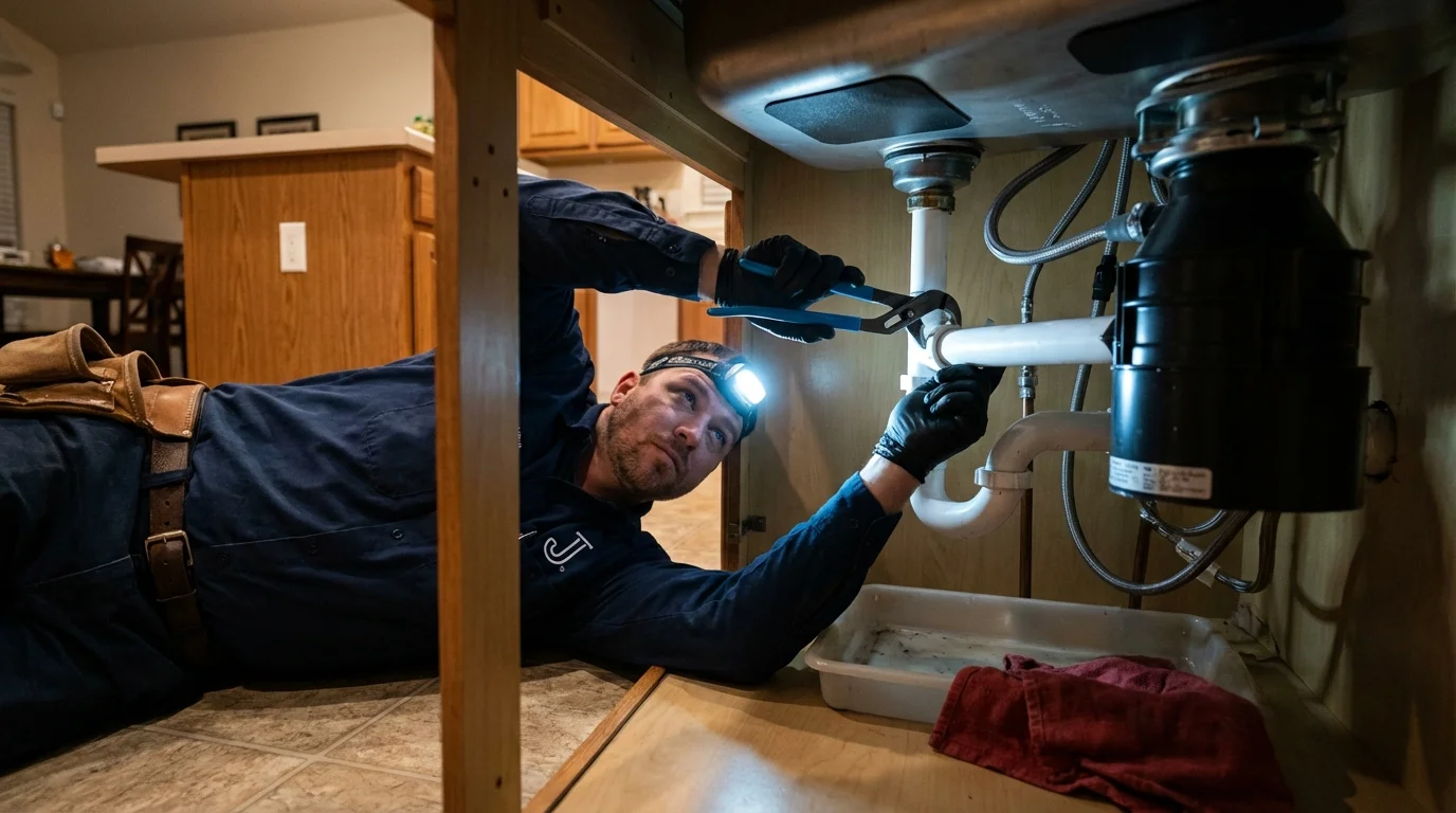 P-trap and supply line connections under a kitchen sink showing a common leak point in Clifton Forge, VA